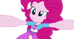 Size: 4480x2358 | Tagged: safe, edit, edited screencap, editor:mrtoonlover83, screencap, pinkie pie, human, equestria girls, equestria girls specials, g4, my little pony equestria girls: mirror magic, background removed, breasts, bust, clothes, female, hair, not a vector, o mouth, shirt, simple background, skirt, solo, spread arms, teenager, transparent background, vest