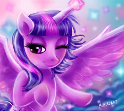 Size: 947x844 | Tagged: safe, artist:loveless-nights, twilight sparkle, alicorn, pony, g4, female, glowing, glowing horn, horn, mare, one eye closed, signature, smiling, spread wings, twilight sparkle (alicorn), wings
