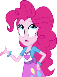 Size: 1864x2520 | Tagged: safe, edit, edited screencap, editor:mrtoonlover83, screencap, pinkie pie, human, equestria girls, g4, background removed, bracelet, breasts, bust, clothes, female, hair, hand on hip, jewelry, not a vector, open mouth, shirt, simple background, skirt, solo, talking, teenager, transparent background, vest