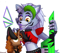 Size: 2300x1987 | Tagged: safe, artist:morello, oc, oc only, oc:kerttu, pony, unicorn, wolf, animatronic, bunny ears, choker, clothes, commission, crossover, duo, ear piercing, earring, eyeshadow, fangs, female, five nights at freddy's, five nights at freddy's: security breach, jewelry, keytar, leather, leather vest, lipstick, makeup, mare, midriff, musical instrument, open mouth, piercing, roxanne wolf, simple background, spiked choker, spiked wristband, transparent background, vest, wristband, ych result