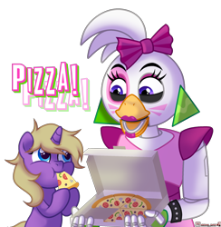 Size: 2000x2050 | Tagged: safe, artist:morello, oc, oc only, oc:hay meadow, bird, chicken, pony, unicorn, animatronic, bow, chica, clothes, commission, crossover, duo, ear piercing, earring, eating, eyeshadow, female, fingerless gloves, five nights at freddy's, five nights at freddy's: security breach, food, glamrock chica, gloves, hair bow, high res, jewelry, lipstick, makeup, mare, open mouth, piercing, pizza, pizza box, simple background, transparent background, ych result