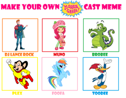Size: 1146x893 | Tagged: safe, artist:maddiewondergirl63, rainbow dash, alligator, bird, human, mouse, pegasus, pony, woodpecker, anthro, semi-anthro, g4, '90s, anthro with ponies, brobee, cast, cast meme, crossover, disney, dj lance rock, female, foofa, knight, logo, male, mare, meme, mighty mouse, mighty mouse (series), muno, nick jr., plex, prince phillip, simple background, sleeping beauty, strawberry shortcake, strawberry shortcake (character), swampy the alligator, the new woody woodpecker show, toodee, where's my water, white background, woody woodpecker, woody woodpecker (series), yo gabba gabba!
