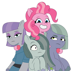 Size: 1800x1800 | Tagged: safe, artist:prixy05, limestone pie, marble pie, maud pie, pinkie pie, earth pony, pony, g4, g5, my little pony: tell your tale, female, g4 to g5, generation leap, grin, group, hug, looking at each other, looking at someone, looking at you, mare, pie sisters, quartet, siblings, simple background, sisters, smiling, transparent background, vector