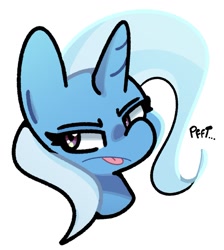 Size: 1083x1209 | Tagged: safe, artist:kindakismet, trixie, pony, unicorn, g4, angry, bust, frown, onomatopoeia, portrait, raspberry, raspberry noise, scowl, simple background, solo, tongue out, trixie is not amused, unamused, white background