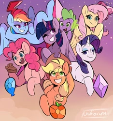 Size: 1718x1832 | Tagged: safe, artist:darkdoubloon, applejack, fluttershy, pinkie pie, rainbow dash, rarity, spike, twilight sparkle, alicorn, dragon, earth pony, pegasus, pony, unicorn, g4, applejack's hat, armpits, cowboy hat, element of generosity, element of honesty, element of kindness, element of laughter, element of loyalty, element of magic, elements of harmony, eyeshadow, female, food, freckles, gem, gradient background, hat, lidded eyes, looking at you, makeup, male, mane seven, mane six, one eye closed, open mouth, pie, smiling, smiling at you, twilight sparkle (alicorn)