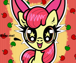 Size: 1200x1000 | Tagged: safe, artist:scandianon, apple bloom, earth pony, pony, g4, dilated pupils, female, filly, foal, happy, looking at you, open mouth, open smile, smiling, solo, starry eyes, talking to viewer, wingding eyes