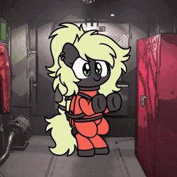 Size: 600x600 | Tagged: safe, artist:sugar morning, oc, oc only, oc:veen sundown, pegasus, pony, air tank, animated, bipedal, clothes, dancing, ear piercing, female, green eyes, hazmat suit, lethal company, mare, music, piercing, ponytail, shoes, solo, sound, webm