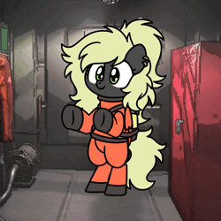 Size: 600x600 | Tagged: safe, artist:sugar morning, oc, oc only, oc:veen sundown, pegasus, pony, air tank, animated, bipedal, clothes, dancing, ear piercing, female, gif, green eyes, hazmat suit, lethal company, mare, music, piercing, ponytail, shoes, solo