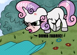 Size: 1400x1000 | Tagged: safe, artist:scandianon, sweetie belle, pony, unicorn, g4, the show stoppers, angry, cross-popping veins, dumb fabric, ears back, emanata, female, filly, foal, frown, furrowed brow, open mouth, outdoors, solo, yelling