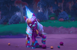 Size: 1634x1062 | Tagged: safe, screencap, opaline arcana, alicorn, fire alicorn, pony, g5, my little pony: make your mark, my little pony: make your mark chapter 6, roots of all evil, spoiler:g5, spoiler:my little pony: make your mark, spoiler:my little pony: make your mark chapter 6, spoiler:mymc06e03, animated, assault, female, fire, fire magic, gif, glowing, glowing horn, glowing wings, horn, incineration, inferno, peytral, solo, throwing, wings, yarn, yarn ball
