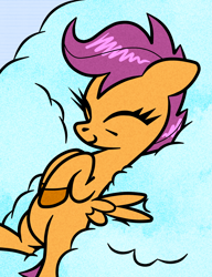 Size: 1000x1300 | Tagged: safe, artist:scandianon, scootaloo, pegasus, pony, g4, cloud, eyes closed, female, filly, floppy ears, foal, happy, lying down, lying on a cloud, on a cloud, on back, smiling, solo, spread wings, wings