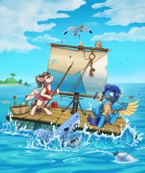 Size: 757x900 | Tagged: safe, artist:helmie-art, oc, oc:dima, oc:helmie, bird, pegasus, pony, shark, angry, clothes, female, flower, male, mare, mcdonald's, ocean, raft, sail, scared, spear, stallion, water, weapon