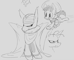 Size: 2138x1728 | Tagged: safe, artist:dracudroid, namekian, pony, anime, cute, dragon ball, dragon ball super, dragon ball super: super hero, female, filly, foal, hat, male, monochrome, pan (dragon ball), piccolo (dragon ball), ponified, stallion