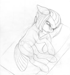 Size: 1275x1358 | Tagged: safe, artist:styroponyworks, limestone pie, earth pony, pony, g4, crying, ears back, female, mattress, monochrome, sad, sketch, solo, traditional art