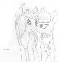 Size: 1210x1270 | Tagged: safe, artist:styroponyworks, dj pon-3, octavia melody, vinyl scratch, earth pony, pony, unicorn, g4, cheek kiss, duo, duo female, female, horn, kissing, lesbian, monochrome, ship:scratchtavia, shipping, sketch, standing, traditional art