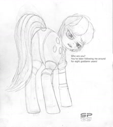 Size: 1275x1438 | Tagged: safe, artist:styroponyworks, oc, oc only, oc:ultramare, earth pony, pony, butt, clothes, dock, female, looking at you, looking back, monochrome, not derpy, plot, sketch, solo, standing, suit, tail, tail hole, text, ultrabutt, unamused