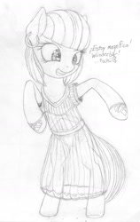 Size: 1010x1596 | Tagged: safe, artist:styroponyworks, photo finish, earth pony, pony, g4, bipedal, clothes, dress, ear piercing, earring, female, german, grin, jewelry, monochrome, piercing, sketch, slippers, smiling, solo, spanish, text