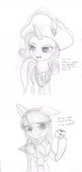 Size: 1050x2200 | Tagged: safe, artist:styroponyworks, derpy hooves, rarity, pony, unicorn, g4, clothes, duo, duo female, ears back, eyepatch, female, food, hat, headscarf, horn, monochrome, movie reference, muffin, pirates of the caribbean, scarf, sketch, standing, text, tricorn