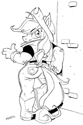 Size: 2102x3164 | Tagged: safe, artist:avengedog, applejack, earth pony, anthro, g4, applebutt, ass, black and white, boots, brick wall, butt, clothes, cowboy boots, female, gloves, grayscale, high res, lineart, looking at you, looking back, looking back at you, mare, monochrome, mouth hold, shoes, smiling, smiling at you, solo, thumbs up, toothpick