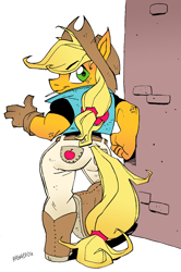 Size: 2102x3164 | Tagged: safe, artist:avengedog, applejack, earth pony, anthro, g4, applebutt, ass, boots, brick wall, butt, clothes, colored, cowboy boots, female, gloves, high res, looking at you, looking back, looking back at you, mare, mouth hold, shoes, simple background, smiling, smiling at you, solo, thumbs up, toothpick, white background