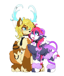 Size: 3284x3853 | Tagged: safe, artist:焰心fireworks, oc, oc only, oc:夕霞•焰心, oc:晨辉•焰心, deer, deer pony, hybrid, original species, pony, succubus, succubus pony, 2024 community collab, derpibooru community collaboration, duo, duo male and female, female, high res, male, mare, simple background, stallion, transparent background