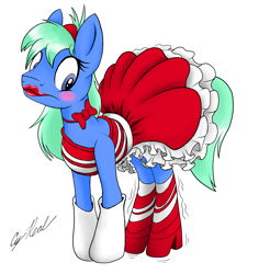 Size: 3352x3408 | Tagged: safe, artist:dashingjack, oc, oc only, oc:wintergreen, boots, clothes, crossdressing, dress, frills, frilly dress, high heel boots, high heels, high res, male, petticoat, petticoats, shoes, simple background, solo, white background