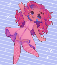 Size: 1718x1964 | Tagged: safe, artist:moth-bells, pinkie pie, human, g4, chibi, clothes, curly hair, dress, female, hair accessory, humanized, leggings, moderate dark skin, socks, solo, sparkles
