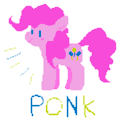 Size: 768x768 | Tagged: safe, artist:castafae, pinkie pie, earth pony, pony, g4, animated, gif, pixel art, ponk, simple background, solo, text, transparent background