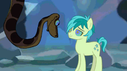 Size: 1280x720 | Tagged: safe, artist:ocean lover, edit, edited screencap, screencap, sandbar, earth pony, pony, python, snake, g4, season 8, what lies beneath, animated, cute, disney, gif, happy, hypno eyes, hypnosis, hypnotized, kaa, kaa eyes, lidded eyes, looking at each other, looking at someone, male, sandabetes, swirly eyes, the jungle book, tired, two toned mane, underground, youtube link