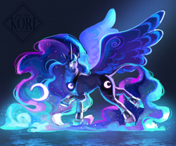Size: 1800x1500 | Tagged: safe, artist:kori-z, princess luna, alicorn, pony, g4, bracer, chest fluff, concave belly, female, jewelry, mare, peytral, raised hoof, regalia, solo, spread wings, wings