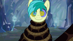 Size: 1280x720 | Tagged: safe, artist:ocean lover, edit, edited screencap, screencap, sandbar, earth pony, pony, python, snake, g4, season 8, what lies beneath, animated, big grin, coils, cute, disney, funny face, gif, grin, happy, hypno eyes, hypnosis, hypnotized, kaa, kaa eyes, looking at each other, looking at someone, male, sandabetes, smiling, swirly eyes, the jungle book, trance, two toned mane, underground, wrapped up, youtube link