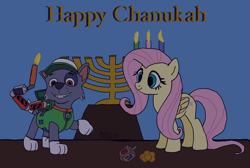 Size: 2609x1750 | Tagged: safe, artist:amelia, fluttershy, pegasus, g4, chanukah, dreidel, hanukkah, judaism, menorah, paw patrol, rocky (paw patrol)