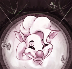 Size: 2215x2135 | Tagged: safe, artist:hunternif, pinkie pie, bear, earth pony, human, pony, g4, clown, clown nose, creepy, female, fisheye lens, high res, mare, mask, monochrome, nightmare fuel, red nose, trapeze