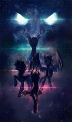 Size: 1805x3028 | Tagged: safe, artist:hunternif, oc, oc only, deer, earth pony, pegasus, pony, unicorn, antlers, flying, lens flare, space, stars