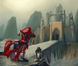 Size: 800x683 | Tagged: safe, artist:hunternif, oc, oc only, earth pony, pony, asian conical hat, bridge, butt, castle, hat, mountain, plot, scenery, solo, speedpaint