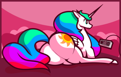 Size: 3800x2400 | Tagged: safe, artist:ikakins, princess celestia, alicorn, pony, g4, butt, controller, female, high res, lying down, mare, nintendo entertainment system, plot, prone, solo, sunbutt, wrong eye color