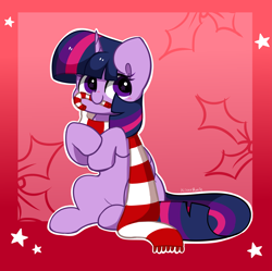 Size: 3273x3254 | Tagged: safe, artist:kittyrosie, twilight sparkle, alicorn, pony, g4, candy, candy cane, christmas, clothes, cute, female, folded wings, food, high res, holiday, horn, mare, mouth hold, redraw, scarf, signature, sitting, smiling, solo, striped scarf, sugar cane, twiabetes, twilight sparkle (alicorn), wings