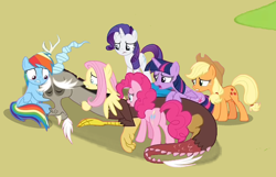 Size: 1116x720 | Tagged: safe, artist:reykatan, applejack, discord, fluttershy, pinkie pie, rainbow dash, rarity, twilight sparkle, alicorn, earth pony, pegasus, pony, unicorn, fanfic:full friendship's magic, g4, the beginning of the end, butt, crying, female, mane six, mare, plot, twilight sparkle (alicorn)