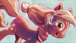 Size: 1280x720 | Tagged: safe, artist:bananitryi, applejack, earth pony, pony, g4, crying, female, freckles, mare, missing accessory, neckerchief, smiling, solo