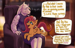 Size: 1280x826 | Tagged: safe, artist:bananitryi, fluttershy, goat, pegasus, pony, anthro, g4, annoyed, armchair, blushing, chair, clothes, crossover, dialogue, dress, duo, eyes closed, female, impatient, lying down, mare, prone, sitting on lap, sitting on person, speech bubble, toriel, undertale