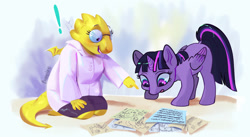 Size: 1280x703 | Tagged: safe, artist:bananitryi, twilight sparkle, alicorn, pony, reptile, g4, alphys, clothes, coat, crossover, diagram, duo, exclamation point, female, freckles, glasses, mare, twilight sparkle (alicorn), undertale