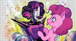 Size: 1280x693 | Tagged: safe, artist:bananitryi, pinkie pie, earth pony, pony, robot, g4, abstract background, balloon, crossover, duo, ear piercing, earring, female, hair over one eye, holding a pony, jewelry, male, mare, mettaton, piercing, undertale