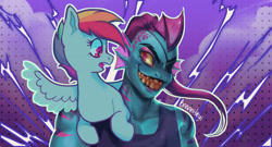 Size: 1280x693 | Tagged: safe, artist:bananitryi, rainbow dash, fish, pegasus, pony, anthro, g4, clothes, crossover, eyebrow slit, eyebrows, eyepatch, female, fins, mare, sharp teeth, sitting on person, smiling, tank top, teeth, undertale, undyne