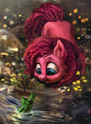 Size: 940x1280 | Tagged: safe, artist:bananitryi, gummy, pinkie pie, alligator, earth pony, pony, g4, ear fluff, female, flower, fluffy, looking at each other, looking at someone, mare, water