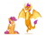 Size: 2124x1735 | Tagged: safe, artist:buvanybu, scootaloo, smolder, dragon, pegasus, pony, g4, :t, blank flank, chest fluff, dragoness, duo, duo female, female, looking at each other, looking at someone, midair, partially open wings, simple background, sitting, spread wings, white background, wings