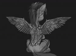 Size: 1280x954 | Tagged: safe, artist:bananitryi, rainbow dash, pony, robot, robot pony, g4, black and white, female, grayscale, mare, monochrome, rainbot dash, rear view, roboticization, sketch, solo, spread wings, wings