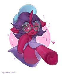 Size: 1069x1280 | Tagged: safe, artist:nev1ca, oc, oc only, pony, unicorn, :p, abstract background, baseball cap, cap, cape, clothes, colored, commission, eye clipping through hair, eyebrows, eyebrows visible through hair, female, floppy ears, gesture, glasses, half body, hat, hoof heart, hoof on neck, horn, looking at you, mare, one eye closed, reaching towards you, shading, solo, tongue out, underhoof, unicorn oc, wink, winking at you
