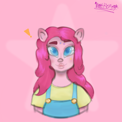 Size: 1280x1280 | Tagged: safe, artist:violetberryyy, pinkie pie, human, anthro, g4, clothes, female, looking at you, pink background, pony ears, simple background, solo, stars