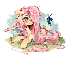 Size: 1812x1452 | Tagged: safe, artist:nev1ca, fluttershy, butterfly, pegasus, pony, g4, female, hair over one eye, lying down, mare, prone