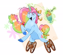 Size: 2481x2196 | Tagged: safe, artist:cracklewink, oc, oc only, pony, unicorn, abstract background, amputee, belly, bow, female, food, hair bow, high res, ice cream, magic, mare, prosthetic leg, prosthetic limb, prosthetics, solo, spoon, tail, tail bow, telekinesis
